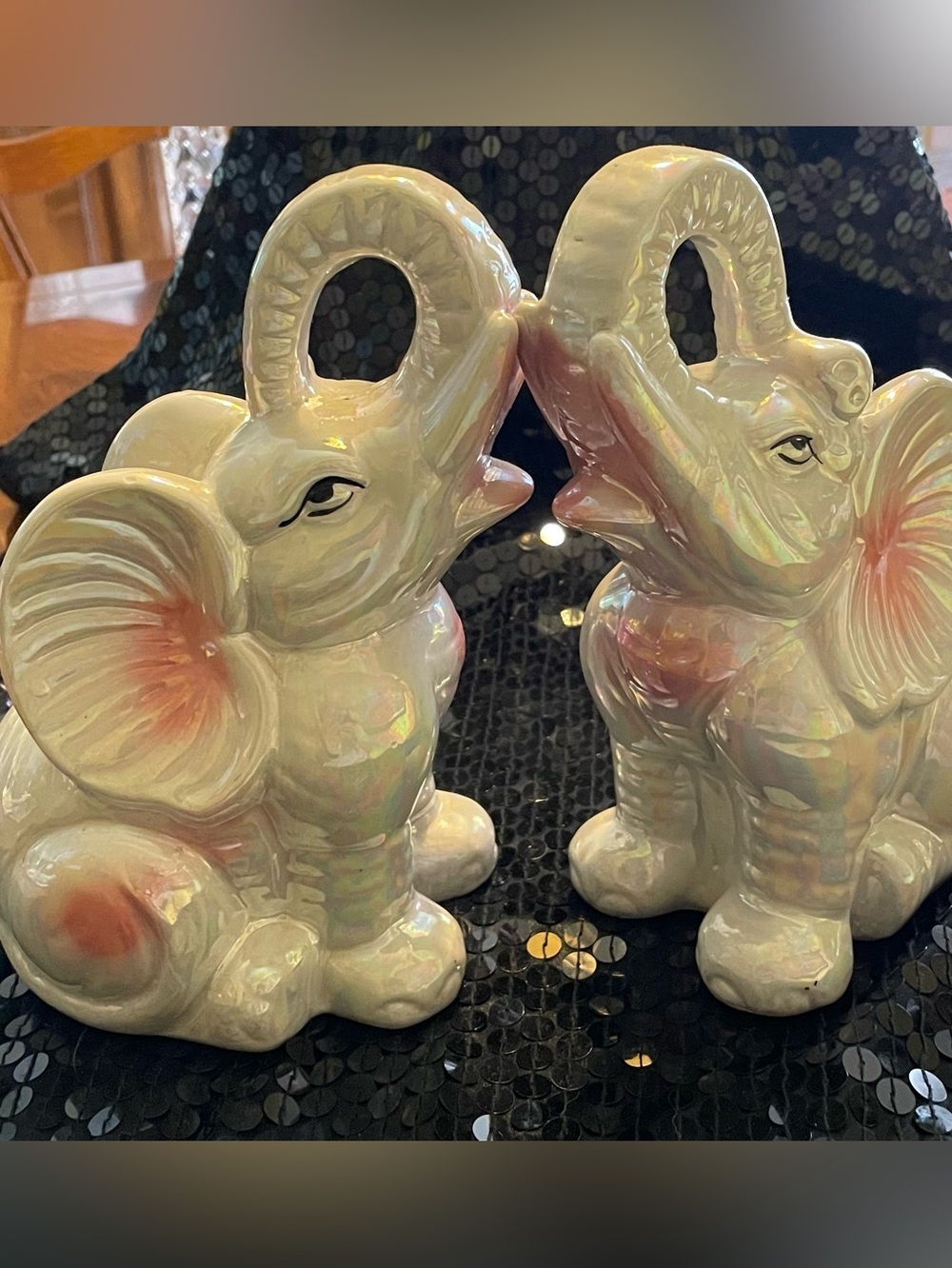 2 Iridescent White Ceramic Elephant Figurines - Home Art
